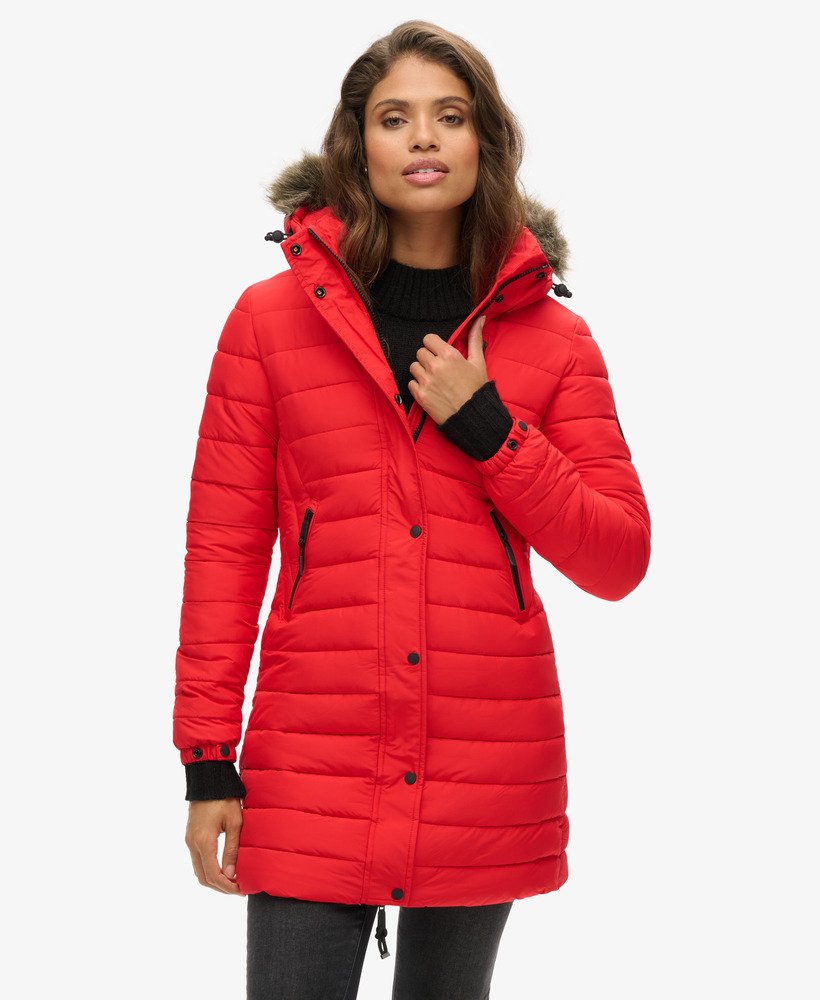 Ladies red puffer jacket with fur hood on sale