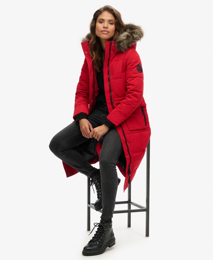 Womens Everest Longline Puffer Coat in Deep Red Superdry UK