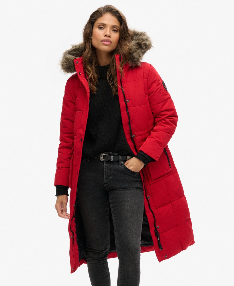 Red longline puffer coat on sale