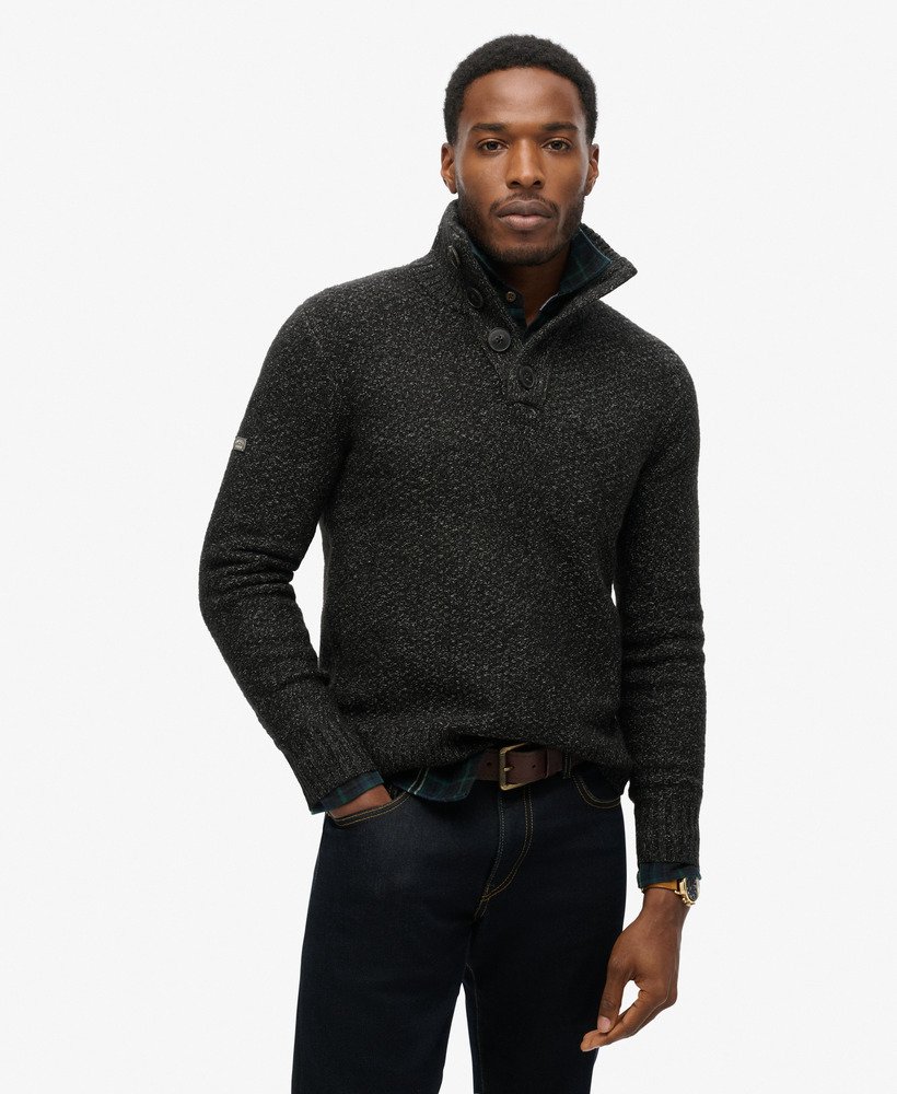 Homme Pull en maille epaisse a col boutonne Noir Superdry FR