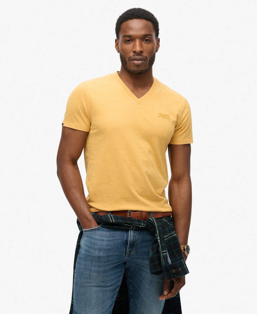 Mens Organic Cotton Essential Logo V Neck T Shirt in Ochre Marl Superdry UK