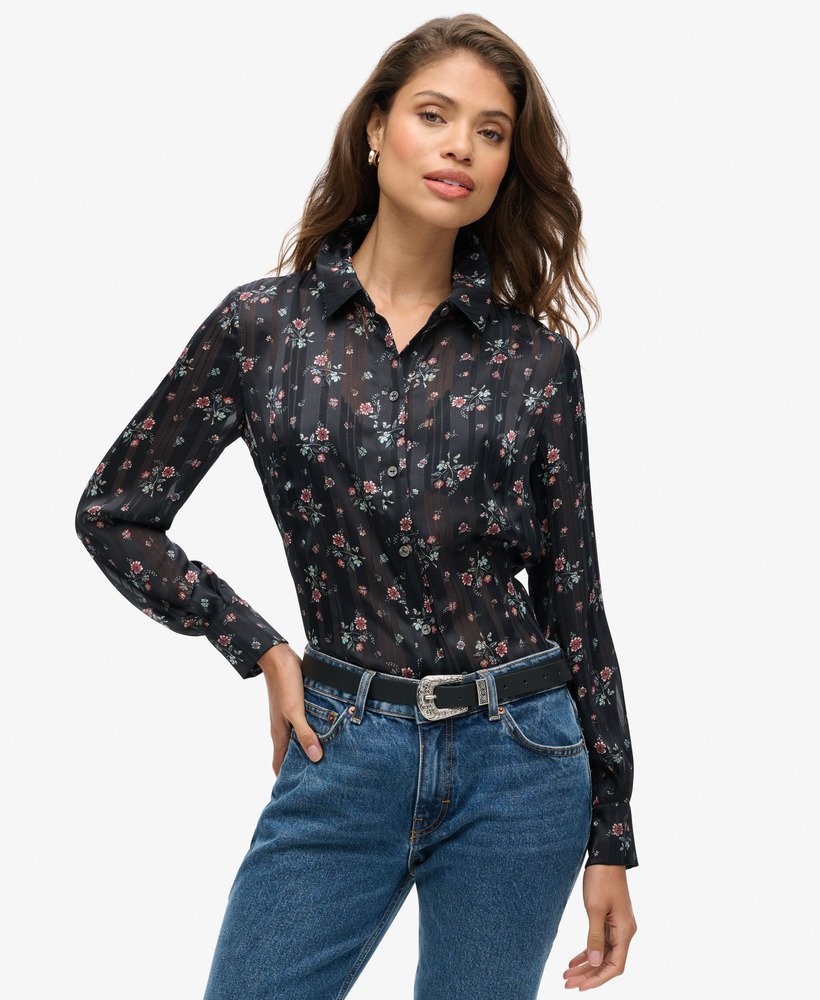 Womens Sheer Sparkle Printed Blouse in Autumn Meadow Black Superdry UK