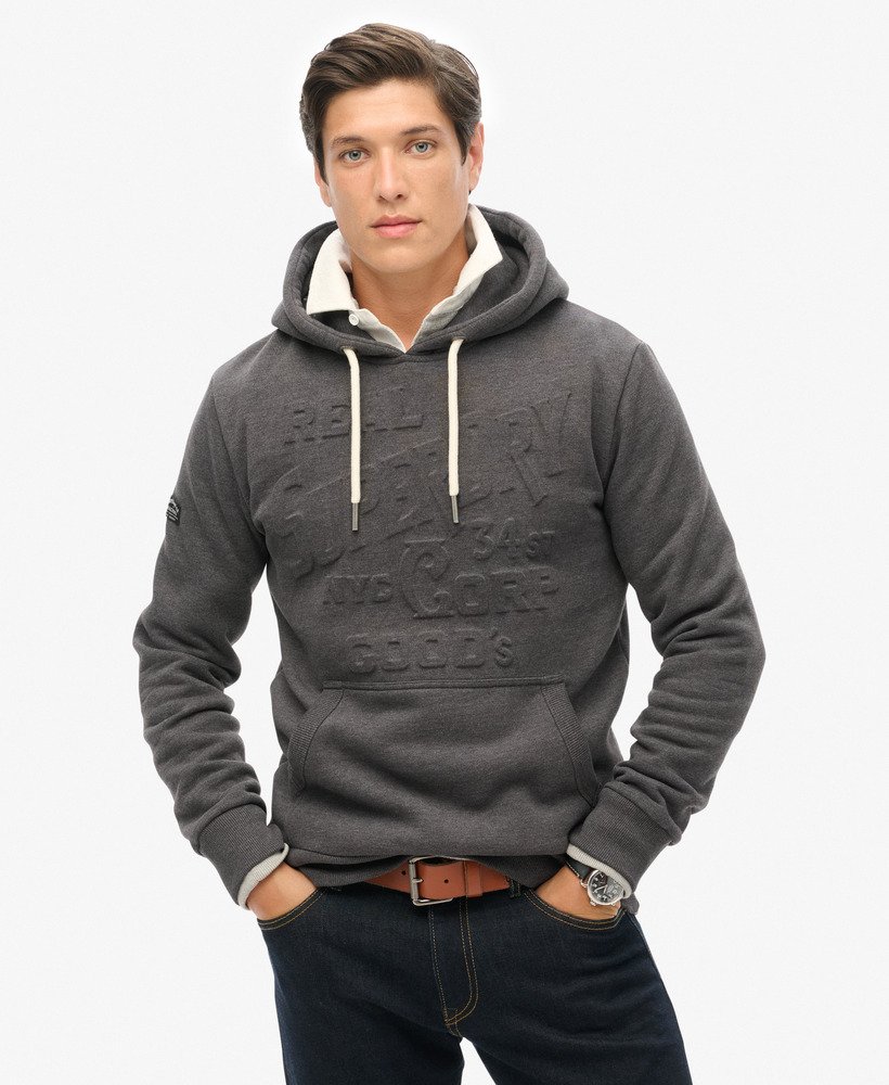 Mens Embossed Logo Graphic Hoodie in Graphite Dark Grey Marl Superdry UK