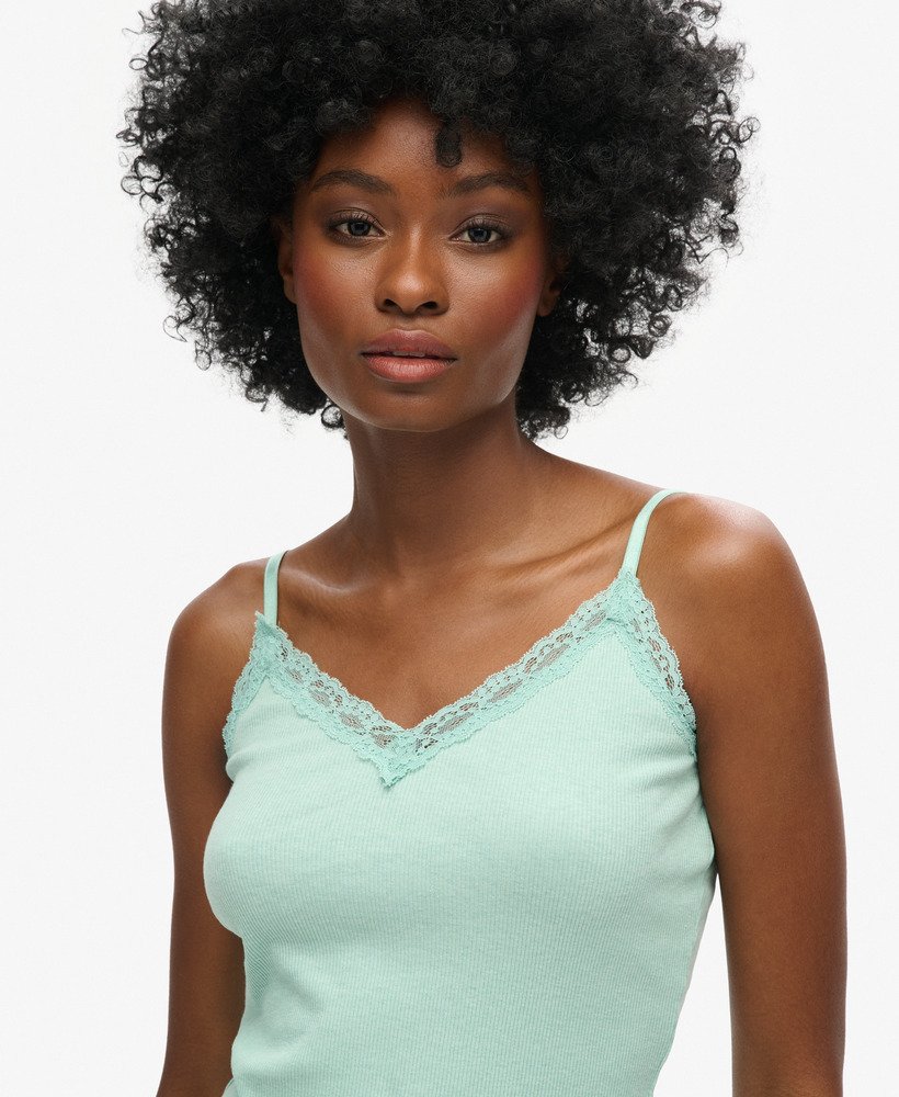 Womens Organic Cotton Vintage Rib Lace Trim Cami Top in Minted Green Marl Superdry UK