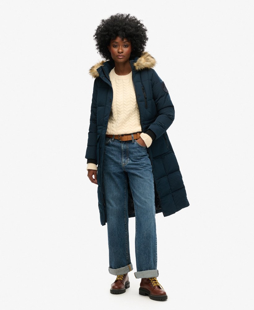 Blue long puffer coat hotsell