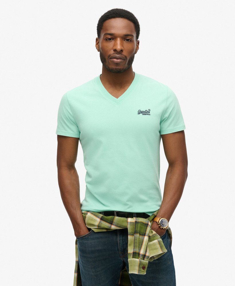 Men s Organic Cotton Essential Logo V Neck T Shirt in Spearmint Light Green Superdry US