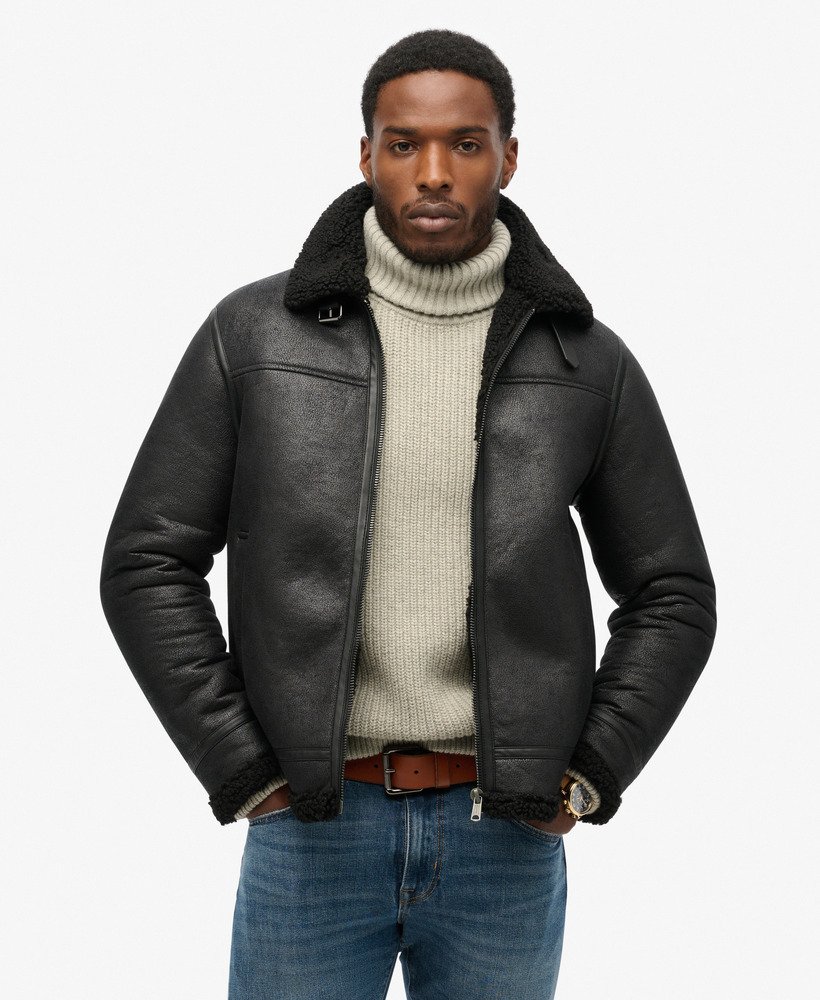 Men s Faux Shearling Aviator Jacket in Black Superdry UK