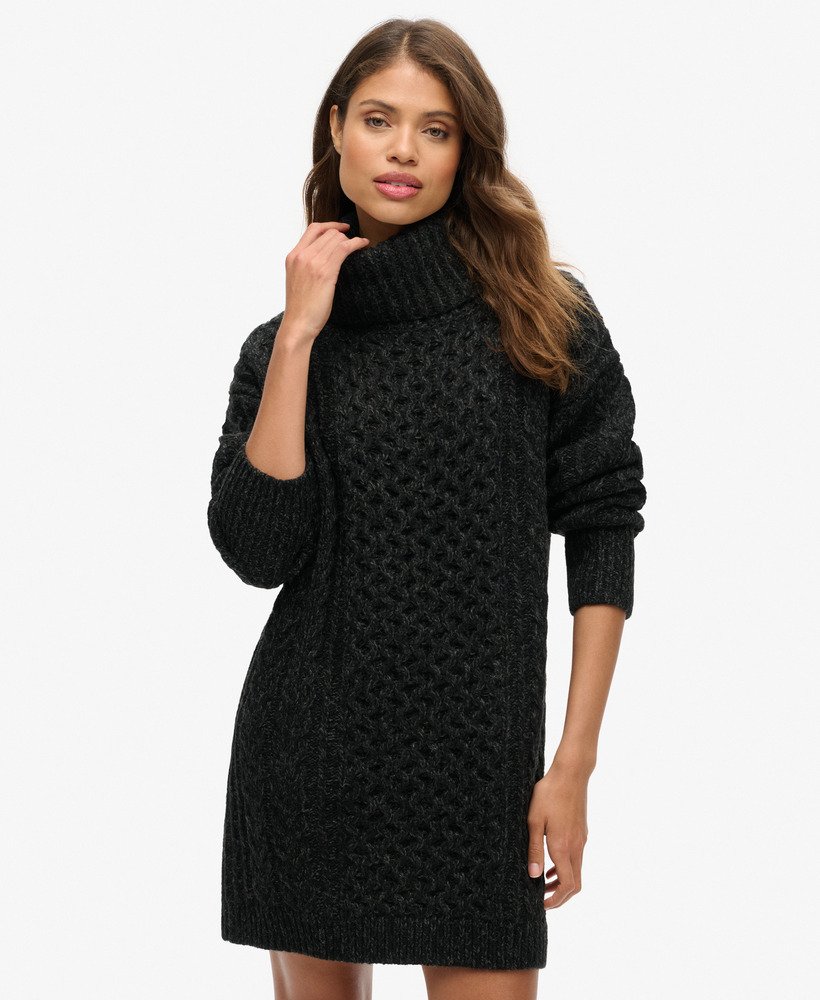 Women s Roll Neck Cable Jumper Dress in Black Twist Superdry CA EN