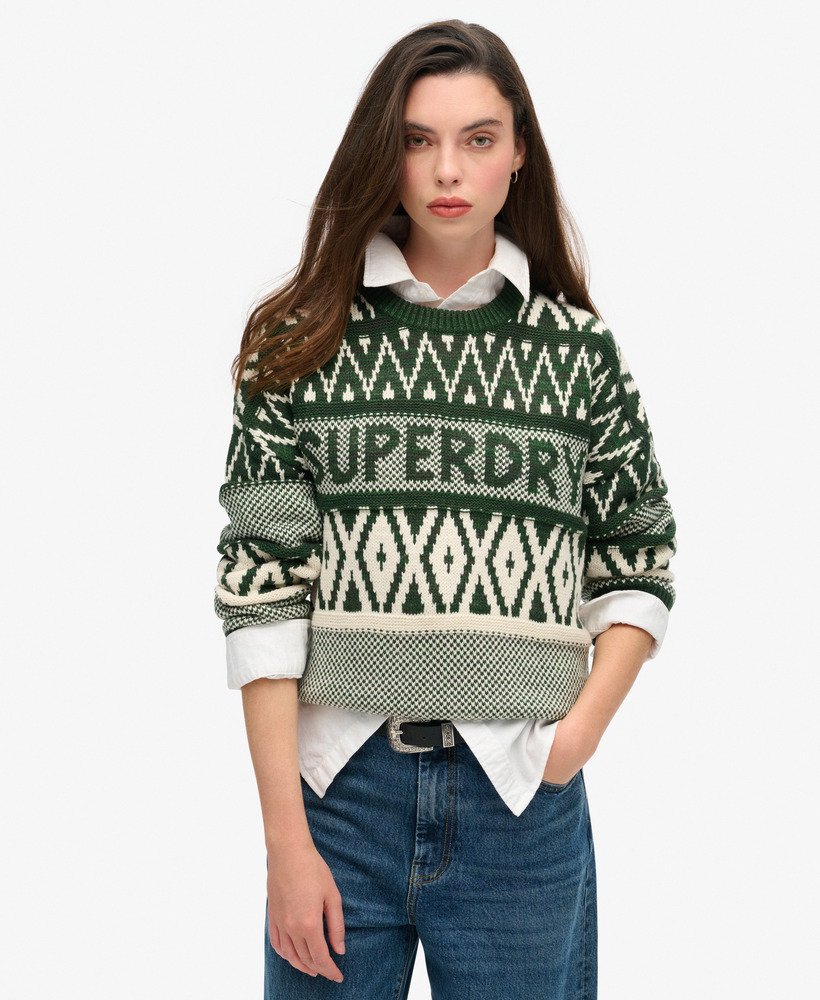 Womens Branded Pattern Crew Jumper in Darkest Pine Green Superdry UK