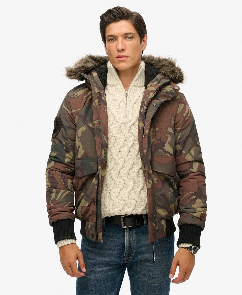 Men s Hooded Everest Puffer Bomber Jacket in Army Camo Superdry UK