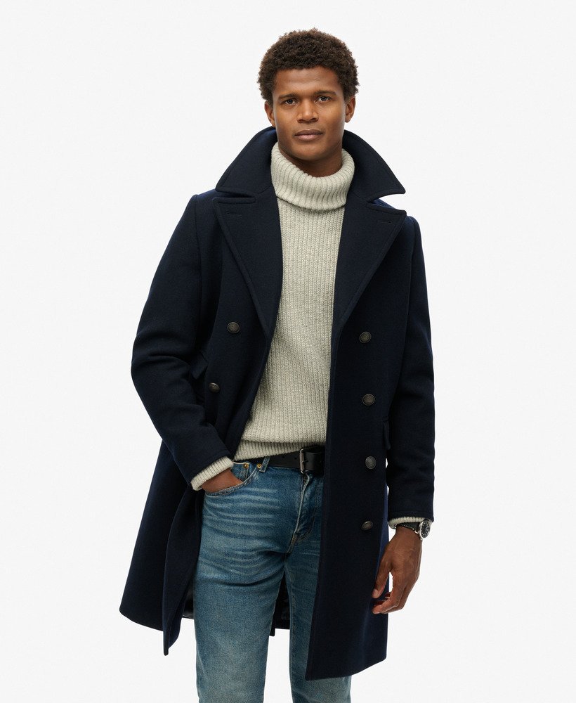 Men s The Merchant Store Wool Long Coat in Eclipse Navy Superdry UK