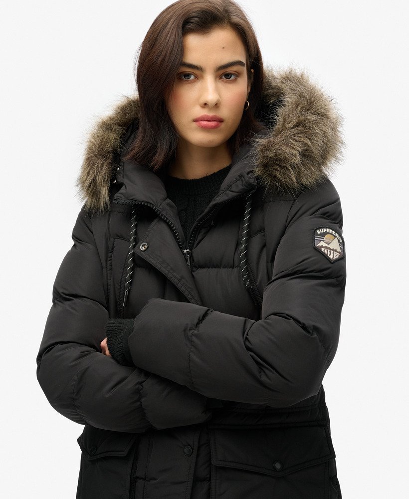 Womens Everest Mid Faux Fur Puffer Coat in Black Superdry UK