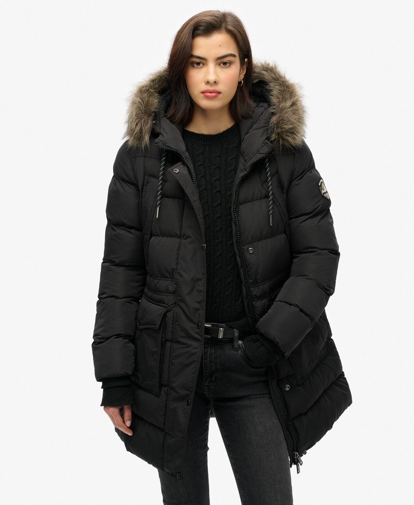 Womens Everest Mid Faux Fur Puffer Jacket in Black Superdry UK