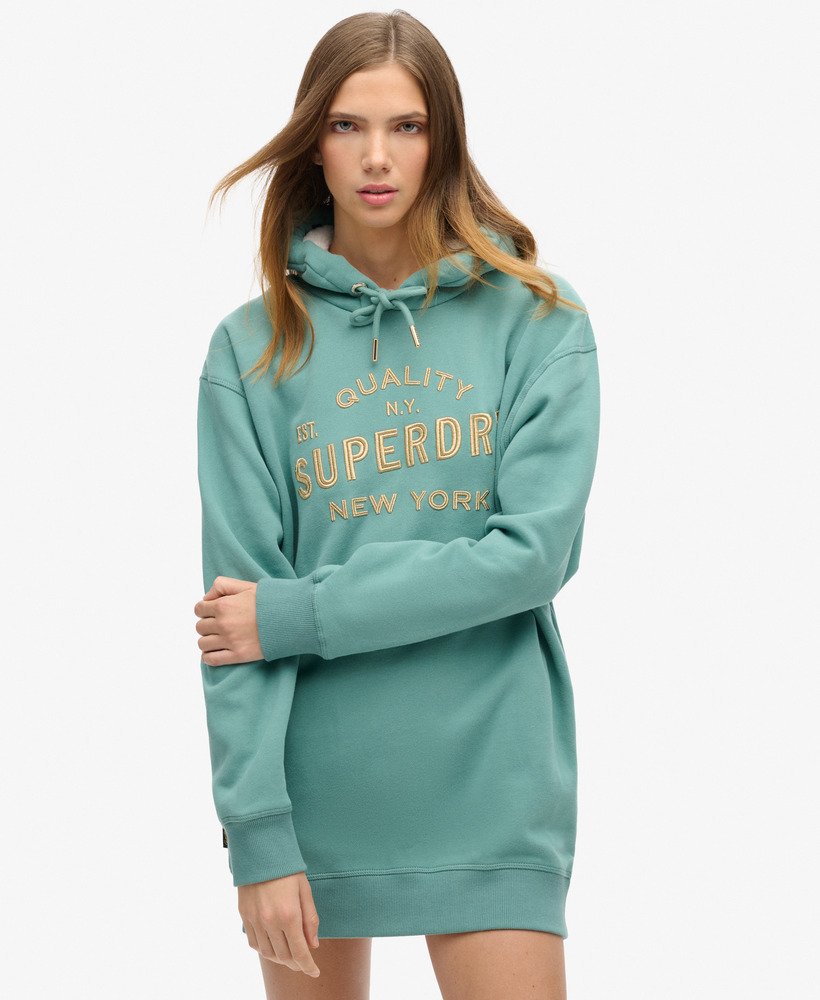 Womens Luxe Metallic Logo Hooded Dress in Oil Blue Green Superdry UK