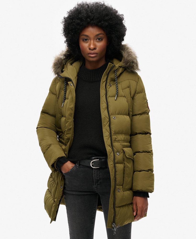 Femme Doudoune mi longue a fourrure synthetique Everest Olive Fonce Superdry FR