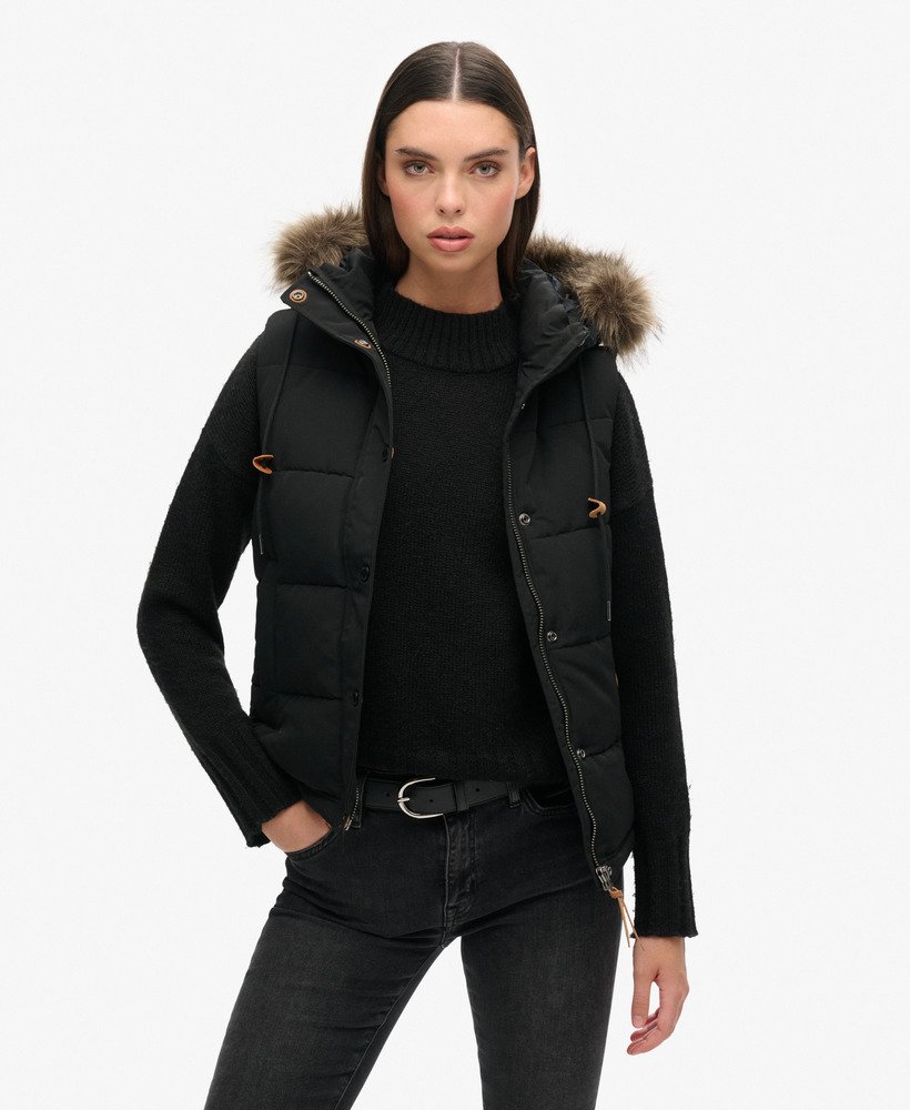 Black gilet with fur hood best sale