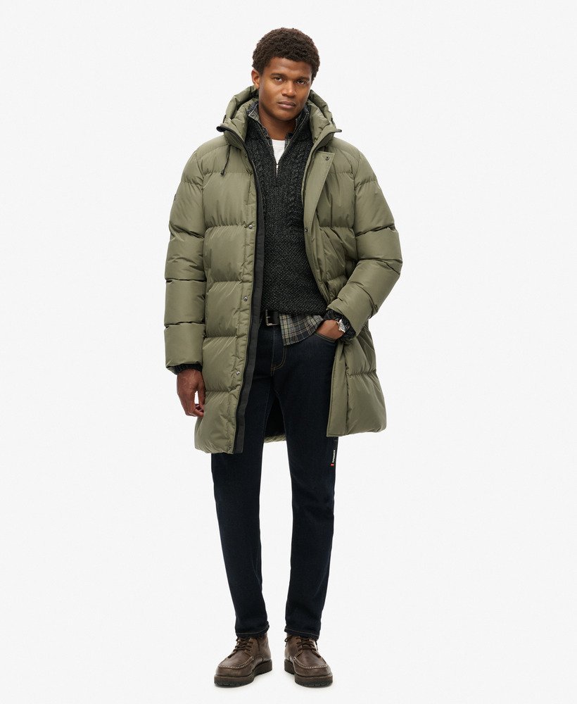 Olive green long puffer coat sale