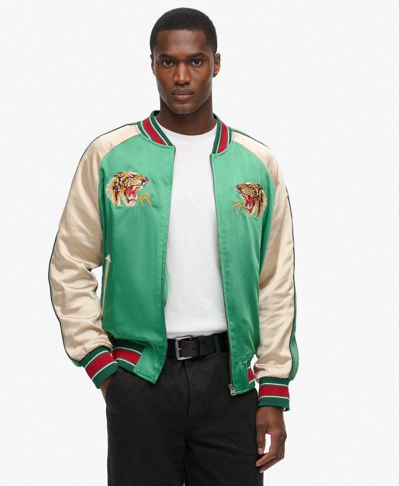 Green silk bomber jacket best sale