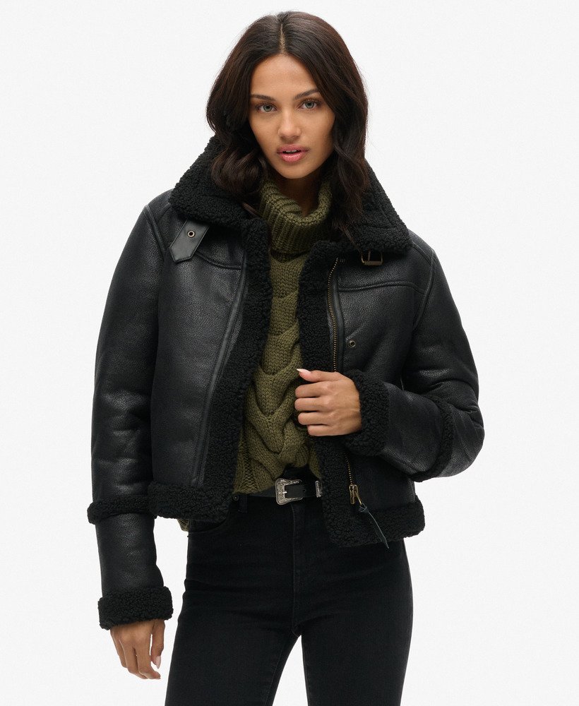 Femme Veste aviateur courte en peau de mouton synthetique Noir Superdry FR