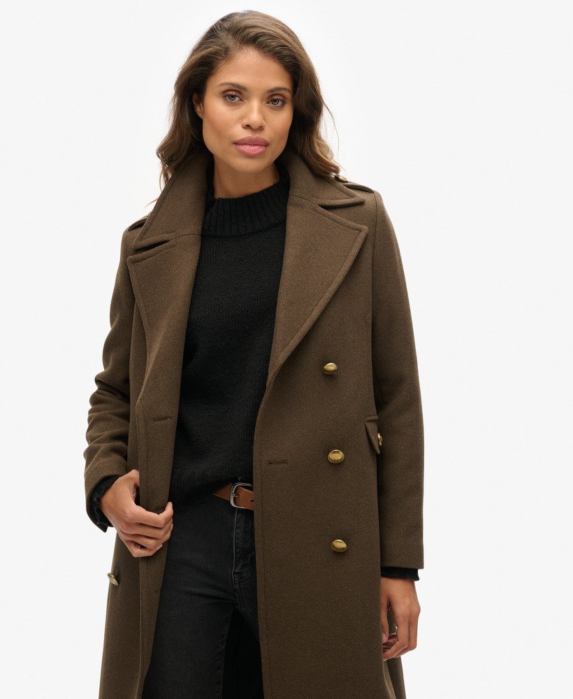 Women s Double Breasted Wool Coat in Deep Khaki Green Superdry UK