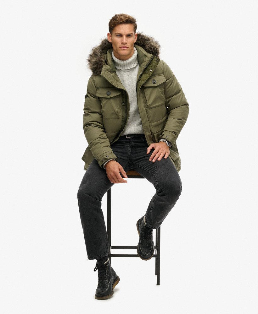 Men s Chinook Faux Fur Parka Coat in Dusty Olive Green Superdry CA EN