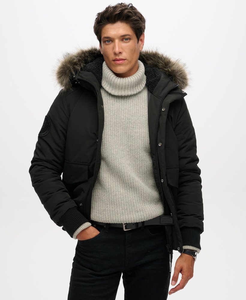 Black puffer jacket with fur hood best sale