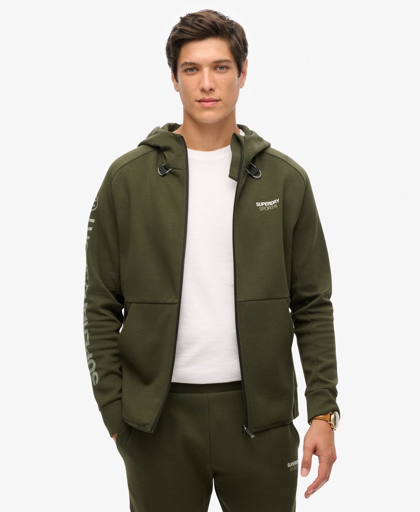 Mens Sport Tech Logo Loose Zip Hoodie in Army Khaki Superdry UK