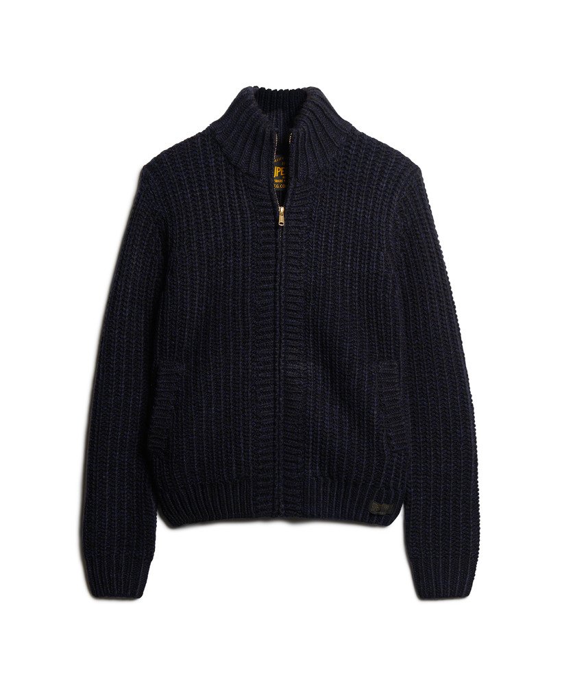 Mens Chunky Knit Zip Through Cardigan in Navy Black Twist Superdry UK