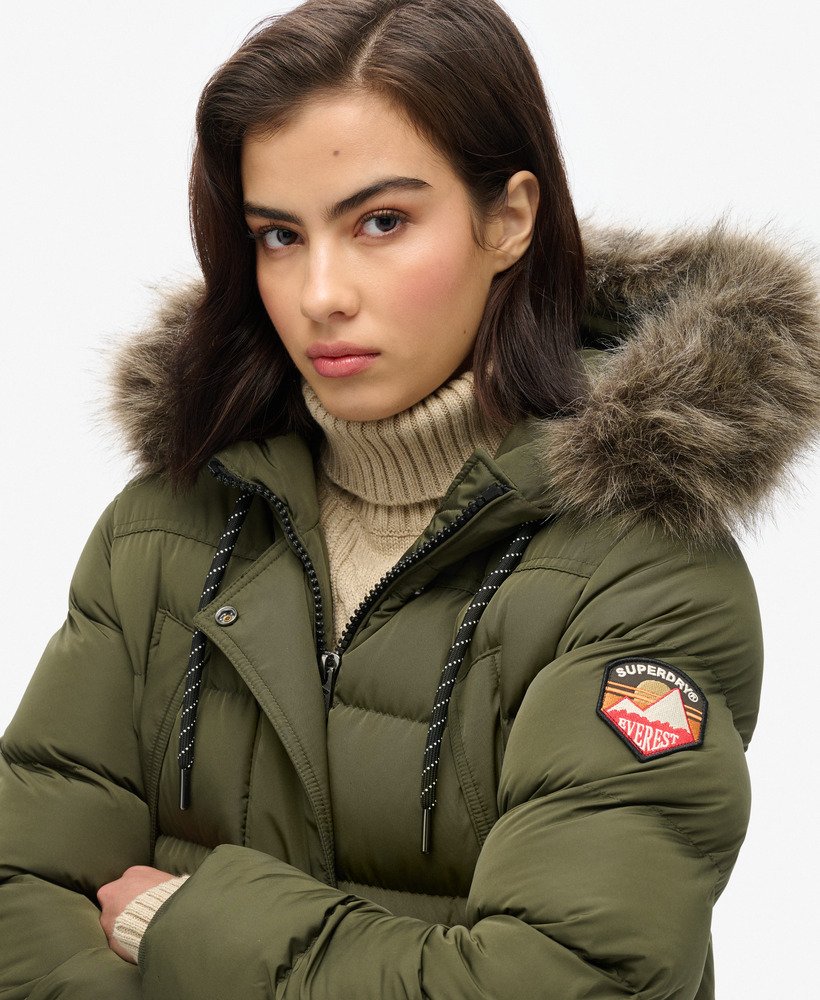 Womens - Everest Faux Fur Longline Coat in Army Khaki | Superdry UK