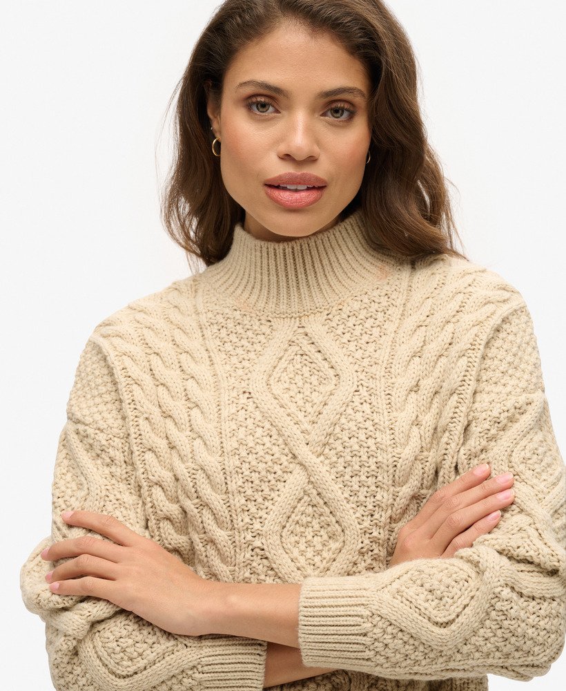 Womens - Aran Cable Knit Polo Jumper in Ecru | Superdry UK