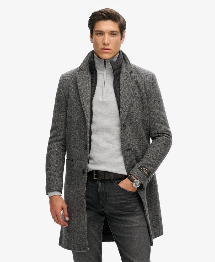 Men s 2 In 1 Wool Overcoat in Grey Herringbone Superdry CA EN