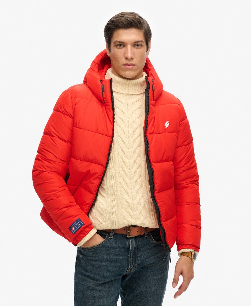 Men s Sports Puffer Hooded Jacket in Bright Red Superdry UK