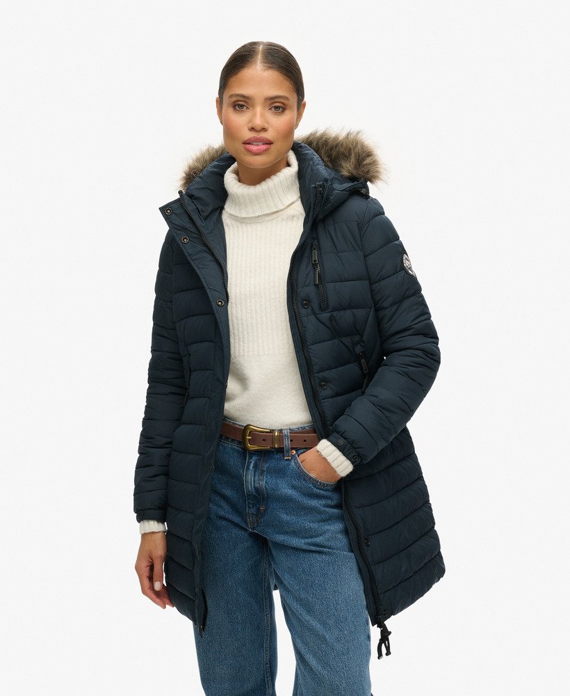 Superdry Doudoune mi longue a capuche avec fausse fourrure pour Femme CH FR