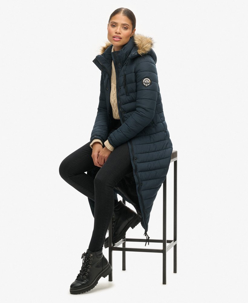 Women s Faux Fur Hooded Longline Light Padded Puffer Coat in Eclipse Navy Superdry CA EN