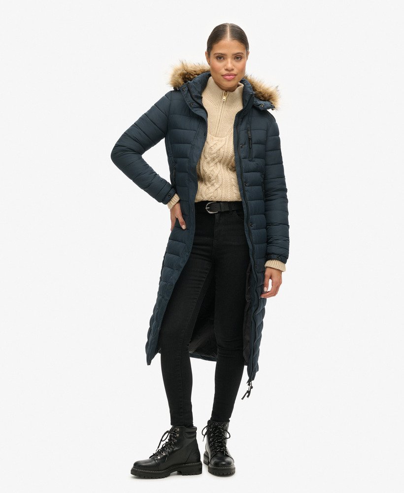 Superdry Doudoune longue et legere a capuche avec fausse fourrure pour Femme CH FR