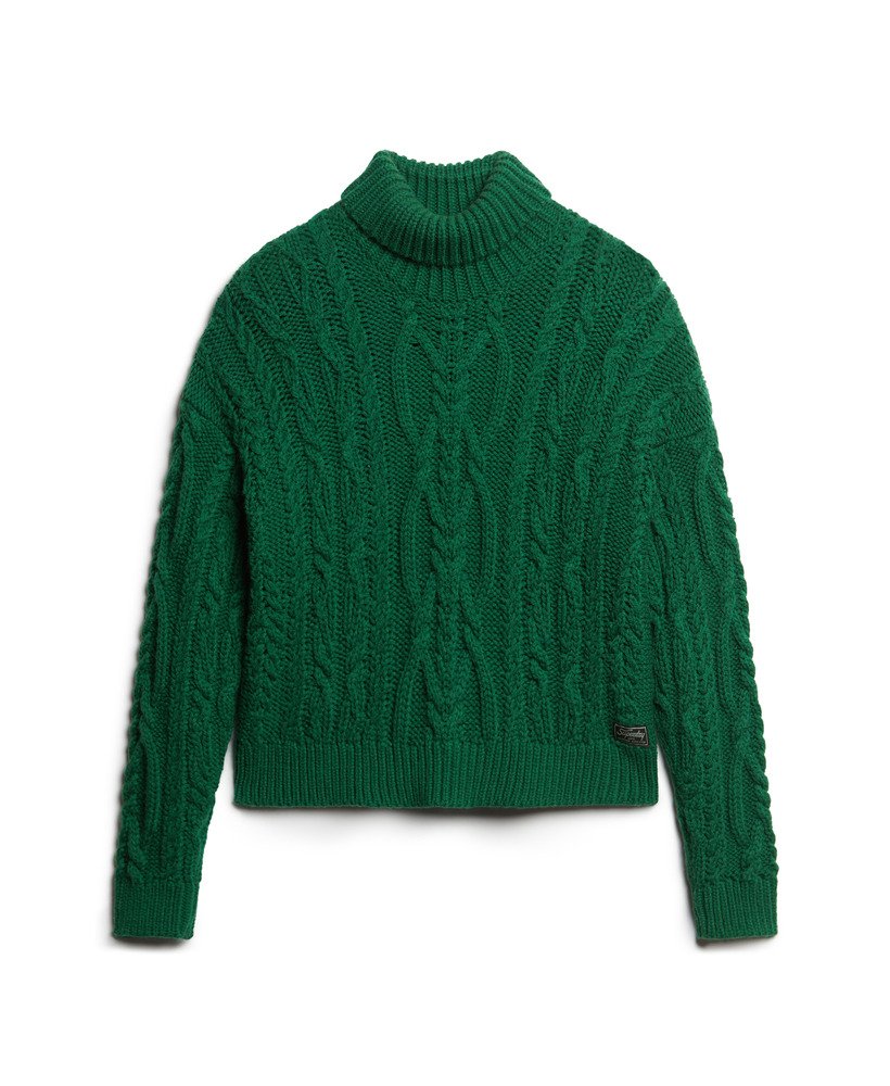 Womens Cable Knit Polo Neck Jumper in Pine Green Superdry UK