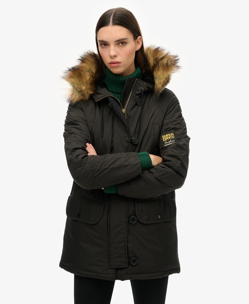 Green parka black fur hood best sale