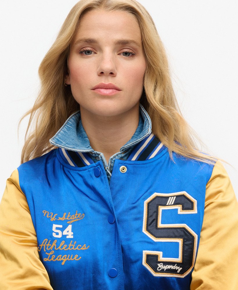 Women s Luxe Varsity Jacket in Mazarine Blue Superdry CA EN