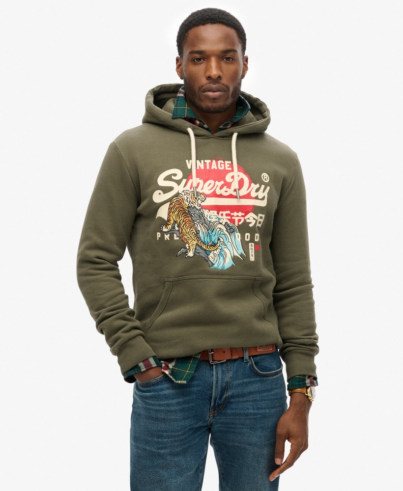 Mens Tokyo Vintage Logo Hoodie in Dark Khaki Superdry UK