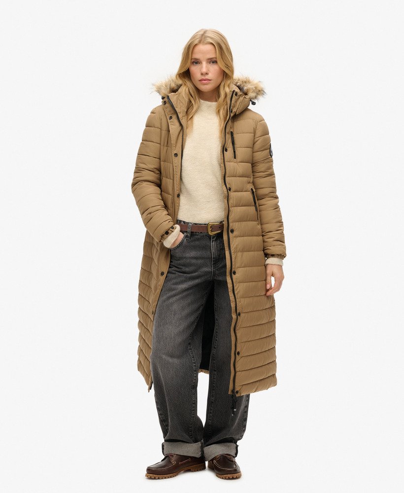 Women s Faux Fur Hooded Longline Light Padded Puffer Coat in Sandstone Superdry CA EN