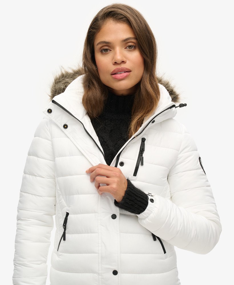 Women s Faux Fur Hooded Mid Length Puffer Jacket in White Superdry CA EN