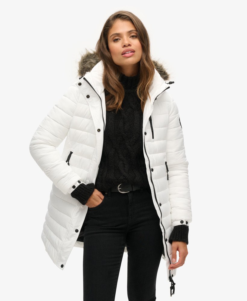 Long puffer coat with fur hood womens sale