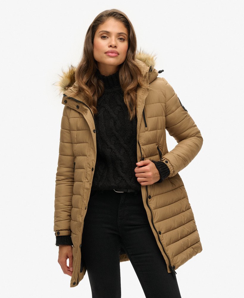 Womens Fuji Hooded Mid Length Puffer Coat in Sandstone Brown Superdry UK