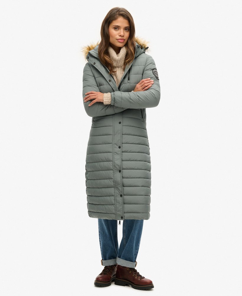 Womens Fuji Hooded Longline Puffer Coat in Balsam Green Superdry UK