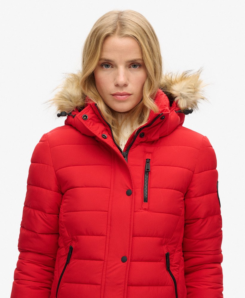 Womens Fuji Hooded Longline Puffer Coat in Varsity Red Superdry UK