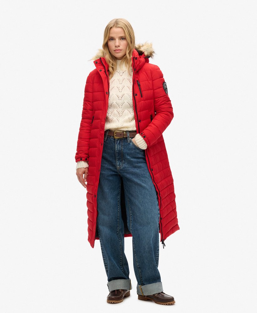 Red long puffer coat womens sale