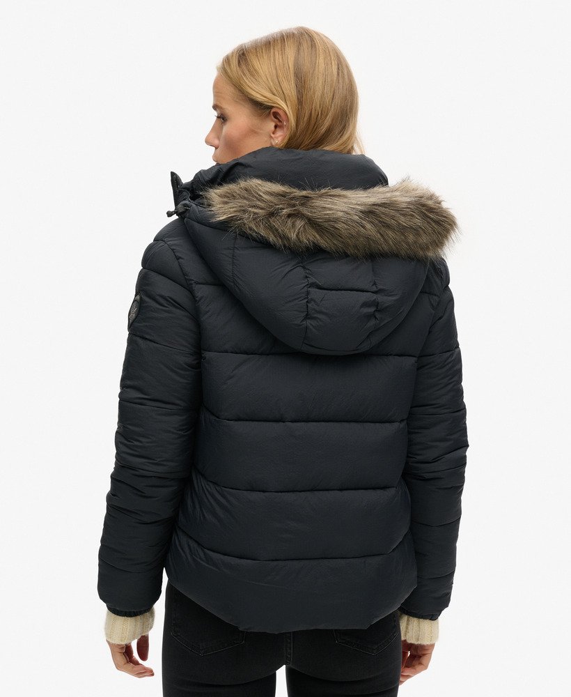 Black puffer jacket with belt and fur hood best sale