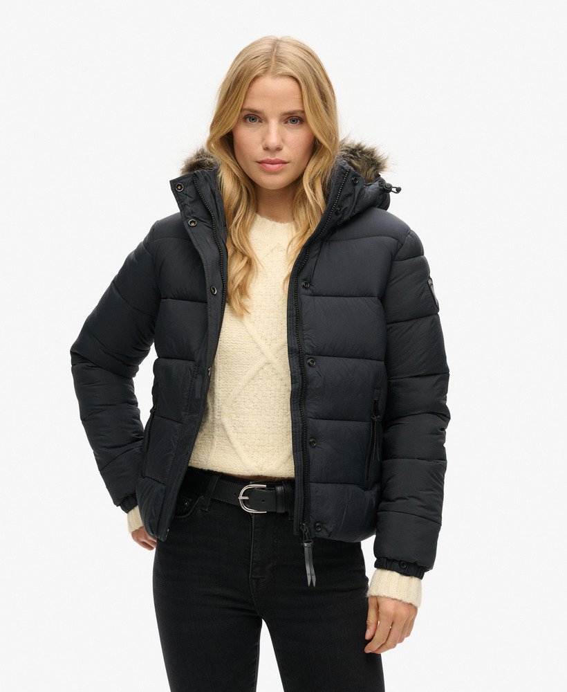 Padded faux fur hooded quilted puffer coat black on sale