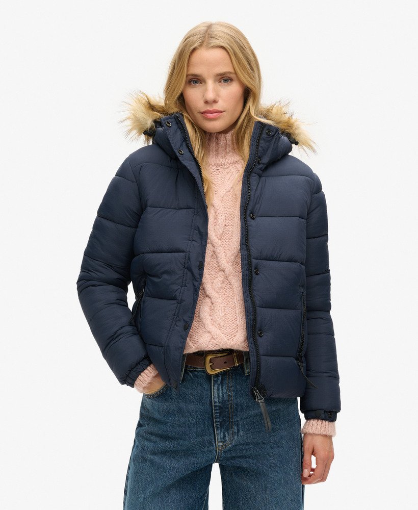 Femme Doudoune courte a capuche avec fausse fourrure Bleu Marine eClipse Superdry FR