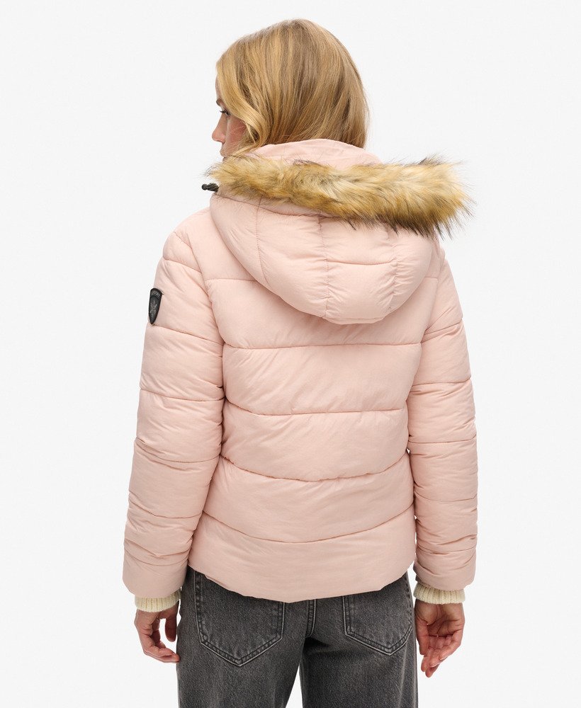 Womens Faux Fur Short Hooded Puffer Jacket in Pink Blush Superdry UK